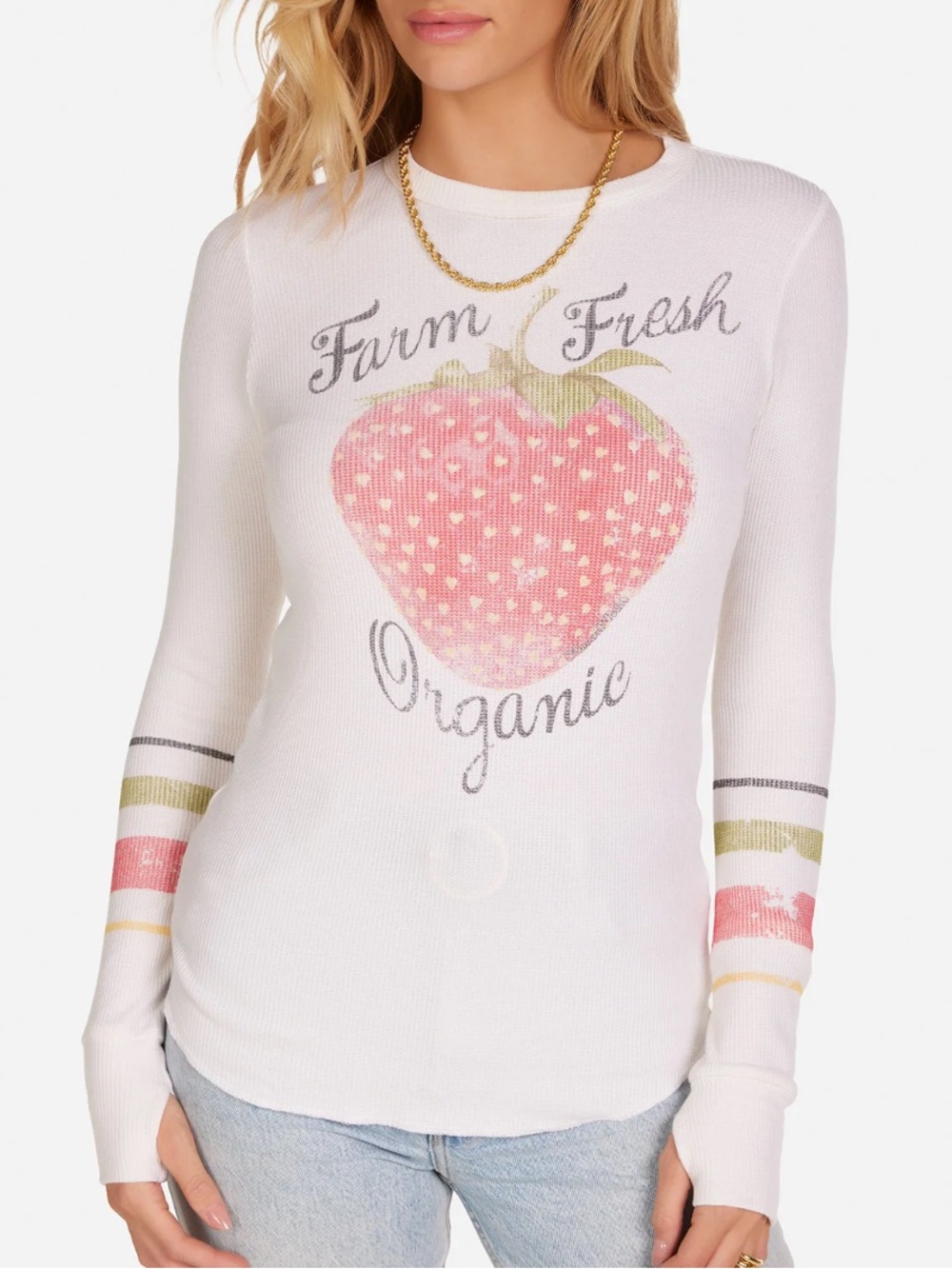 Lauren Moshi White Long Sleeve Strawberry Graphic Tee